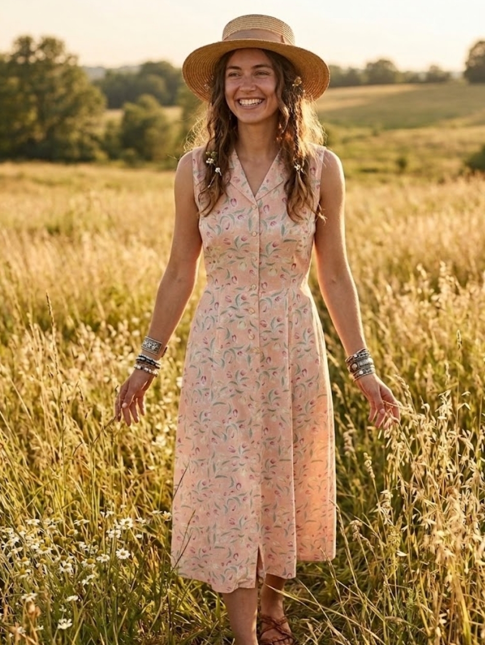 Vintage Donna By Reno Peach Floral Button Down Midi Dress Size M
